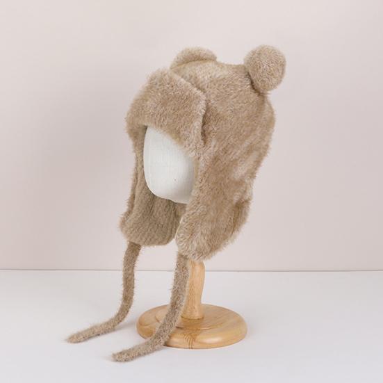 Children Hat with Windproof Rope Cartoon Bear Shape Soft Plush Inner Elastic Warm Hat Boys Girls Winter Headwear