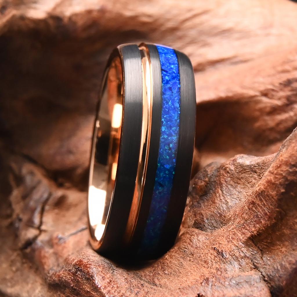 8mm Tungsten Carbide Rings for Men and Women rosegold Groove with Blue Opal Men's Wedding band  Comfortable to Wear