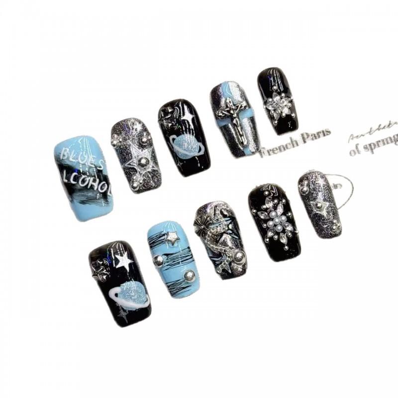 Handmade Short Almond Press-On Nails With Blue Cosmic Gradient Design Women Girls
