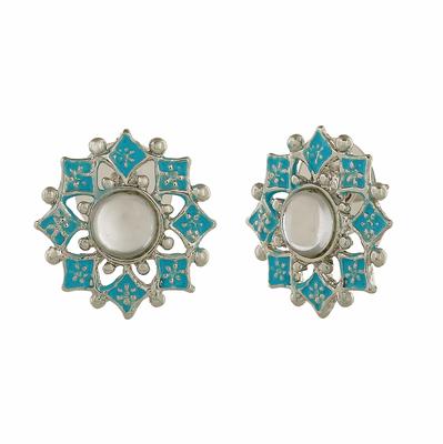 Rhodium Plated Flower Shaped Meenakari Kundan Stud Earrings with Blue Enamel for Women