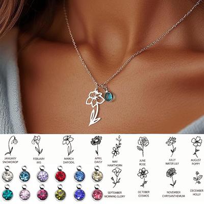 Collier Pierres de Naissance et Fleurs de Naissance 12 Mois pour Femmes Bijoux en Acier Inoxydable Cadeaux d'Anniversaire