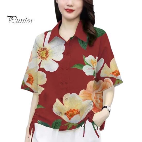 

Женская летняя повседневная рубашка с лацканами и коротким рукавом с цветочным узором, двубортная рубашка с боковым шнурком, свободная рубашка, топы M красный