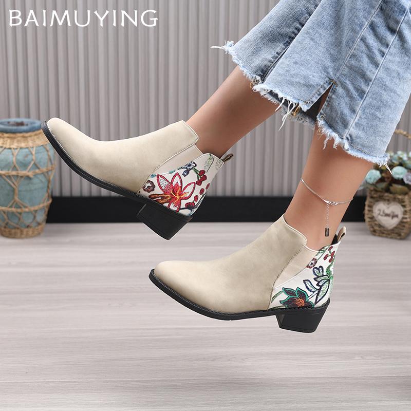 Print Random Women Ankle Boots Suede Pointed Toe Designer Mid Heels Shoes 2025 Trend Chunky Classic Winter Chelsea Botas Mujer