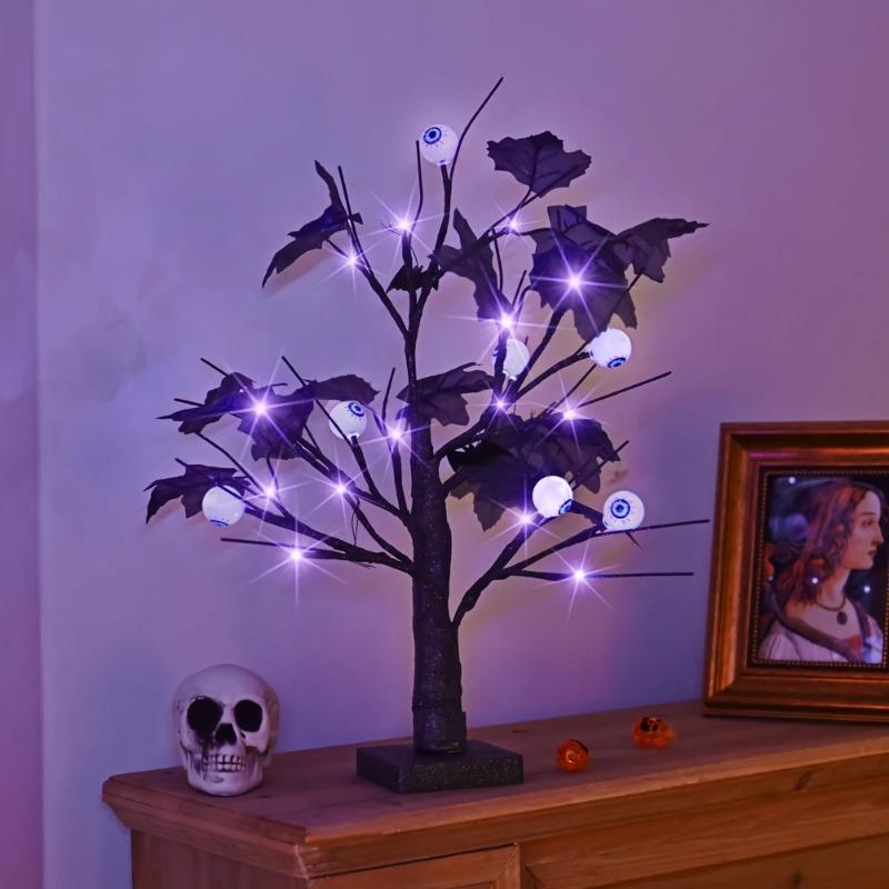 LED Purple Lighted Halloween Artificial Birch Tree Light DIY Black Branches Tabletop Lamp Spooky Home Party Festival Halloween Decor