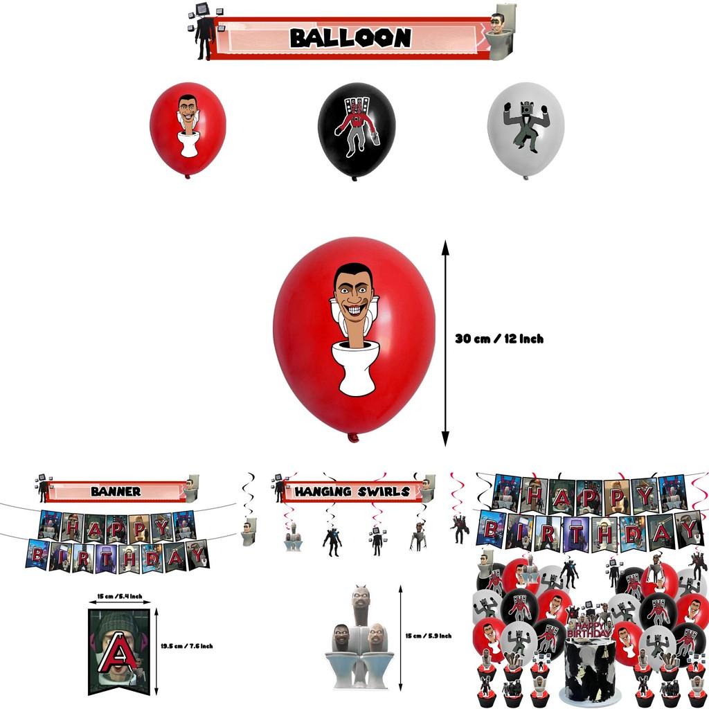 Skibidi Toilet Theme Birthday Party Decoration Kit Monster Birthday Cake Topper Paper Flag Balloons And More!