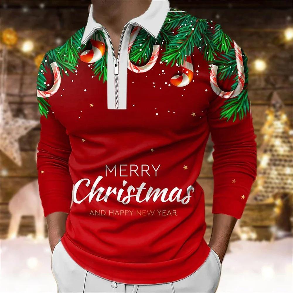 Father Christmas cartoon pattern digital 3D printing polo shirt large size loose men's zip lapel shirt