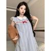 French doll collar blue nightdress women's summer elegant new small flying sleeves plaid sweet and cute outside loungewear