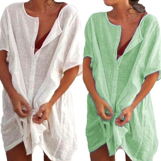 Plus Size Women Solid Color Short Sleeve V Neck Buttons Loose Shirt Mini Dress