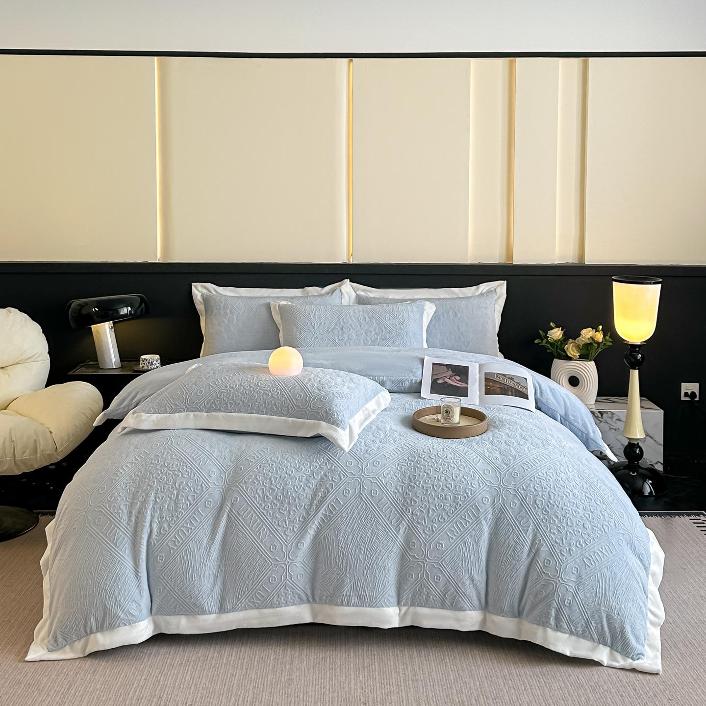 

Maternal And Infant Thickened Milk Fleece Four-Piece Set Three-Dimensional 5D Carved Fleece Bed Sheet Quilt Cover Bedding 1.2 three-piece quilt cover 150x200