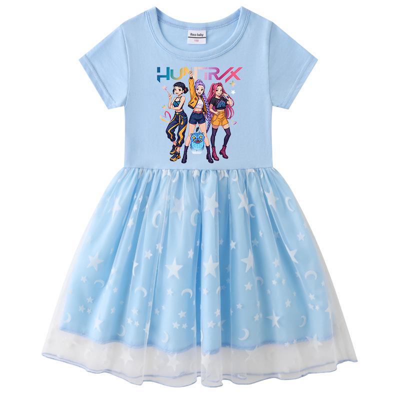 Vestido de Princesa de Malla con Lentejuelas Kpop Demon Slayer para Niñas - Manga Corta