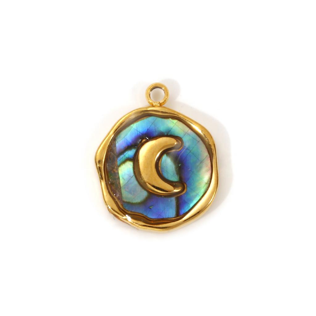 2 PCs 304 Stainless Steel & Natural Shell Charms 18K Real Gold Plated Irregular Round Moon Heart Flower Pendants DIY Necklace
