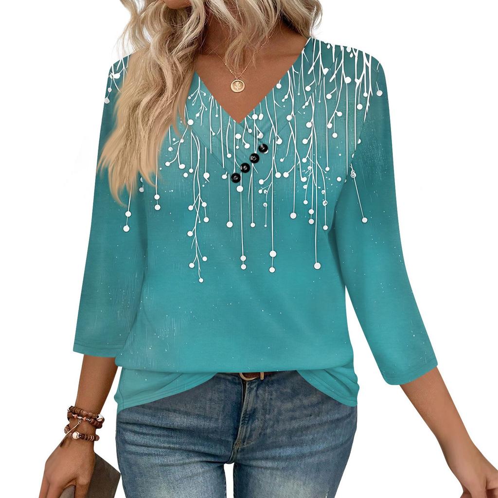 Women's Print Top Button-down V-neck T-shirt 3/4 Sleeve Loose Fashion Top