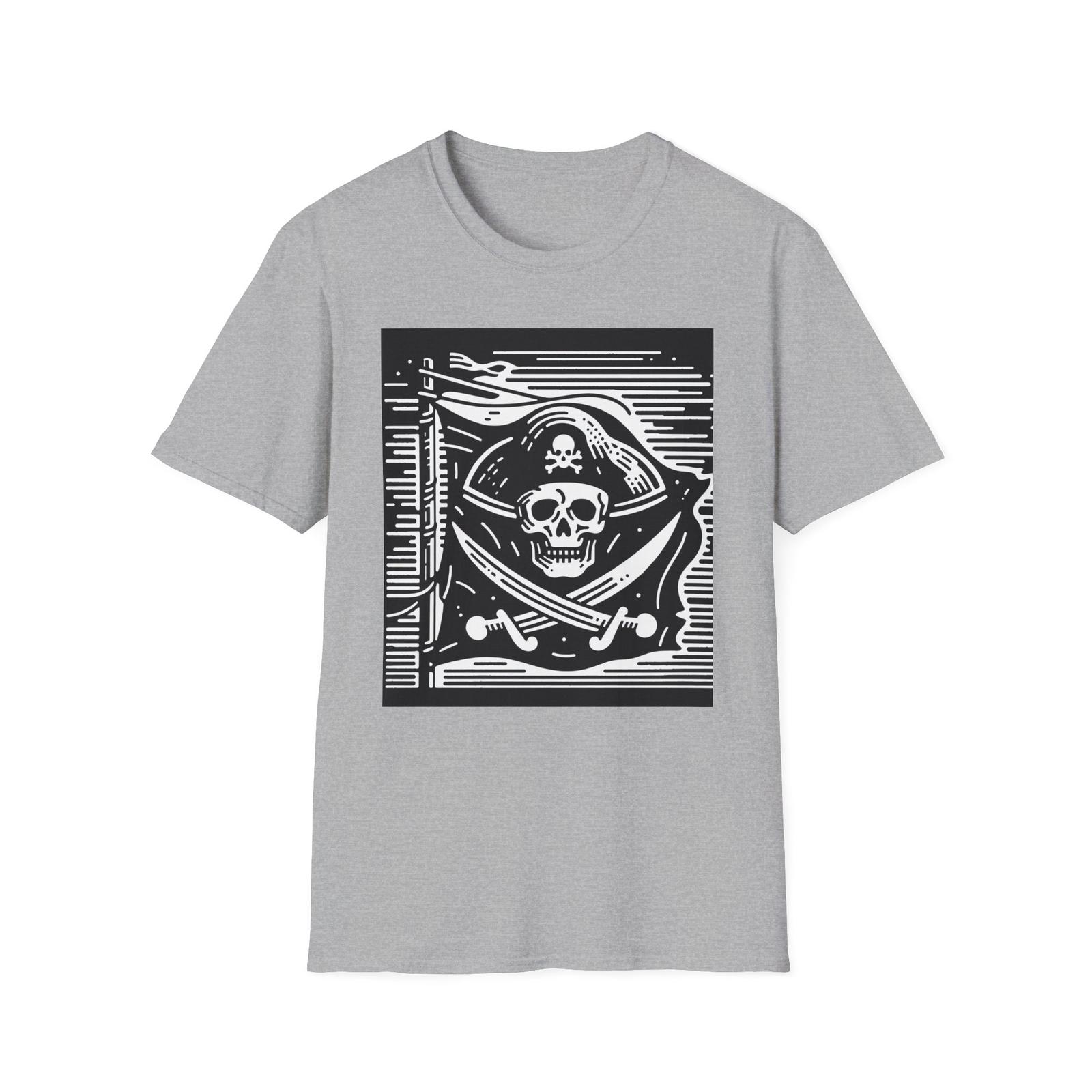 Pirate Themed Unisex Softstyle T-Shirt, Skull Shirt, Ship Tee, Nautical Graphic S