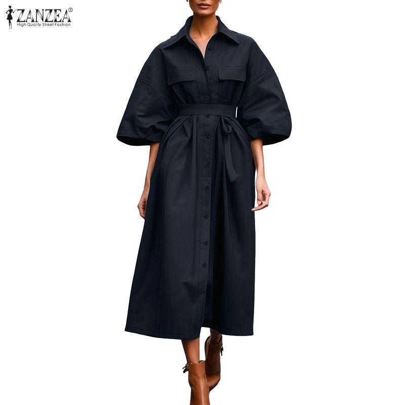 ZANZEA Women Casual Turn Down Collar Loose Half Sleeve Dress