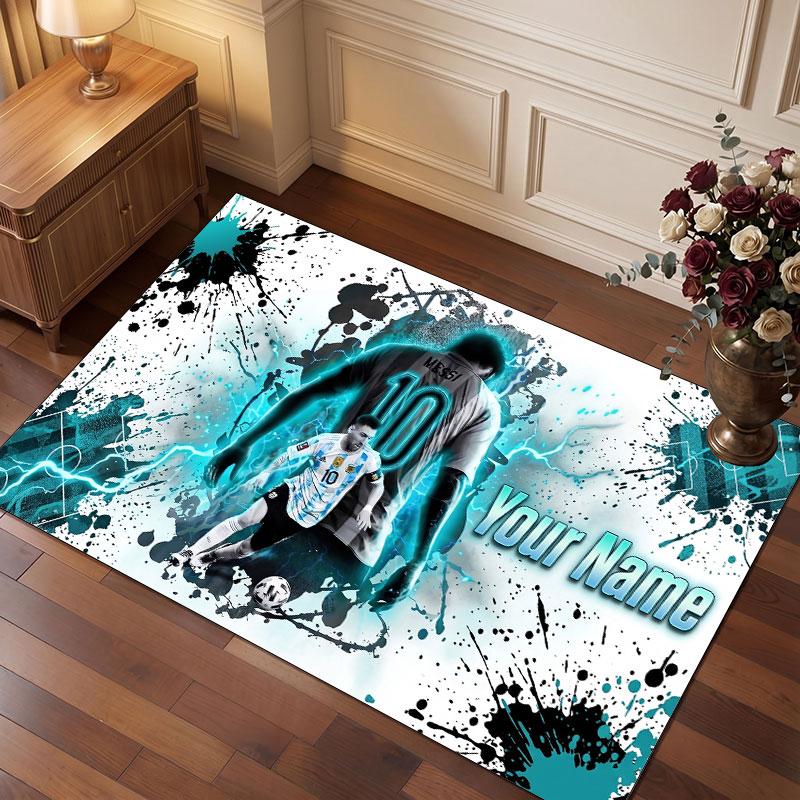 Tappeto Personalizzato in Velluto di Cristallo Lionel Messi, Stampa Testo Nome Personalizzato, Logo Calcio Morbido Antiscivolo Tappetino per Pavimento Decorazione Casa Regalo