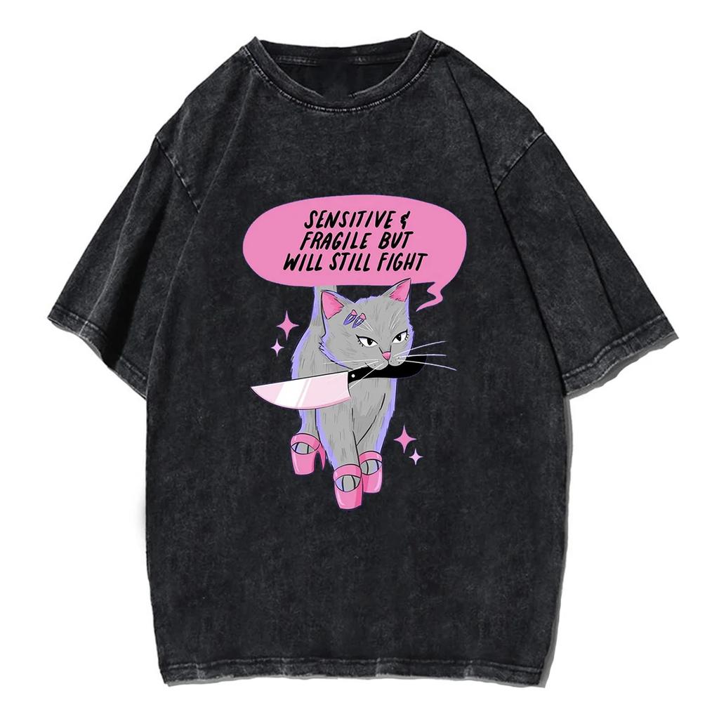 Cute Cat I Am Just A Babygirl Trying Her Best Tshirt Men Women Unisex Vintage Washed T-Shirt Streetwear Retro Cotton T Shirts