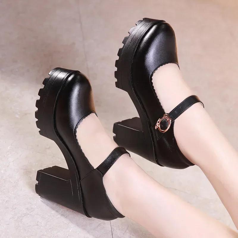 8cm 10cm Small Size 32-43 Elegant Office Ladies Soft Leather Mary Janes Platform Shoes 2025 Fall Block High Heels Shoes Work Mom