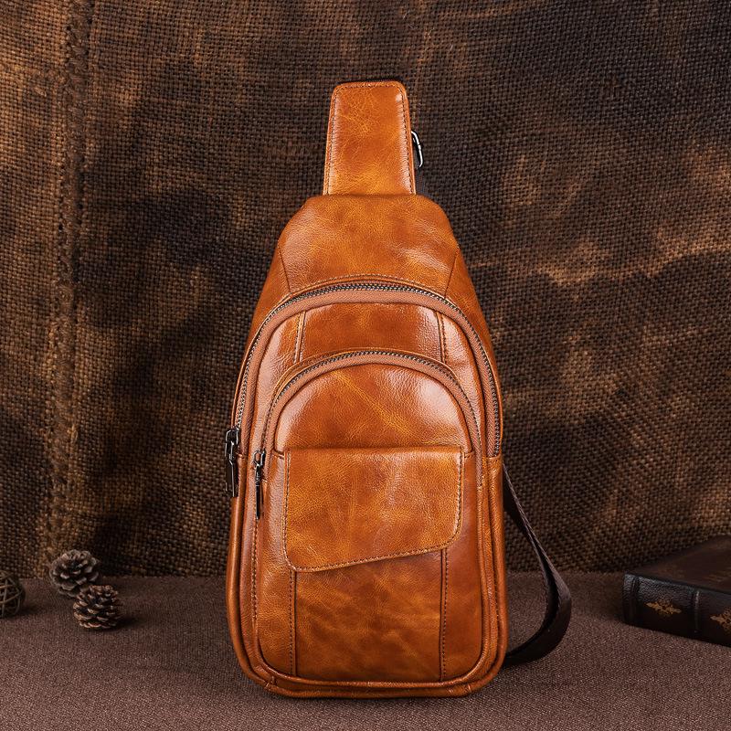 Men's Genuine Leather Chest Bag - Top Layer Cowhide, Crossbody, Fashionable, Retro, Versatile, High-End Style