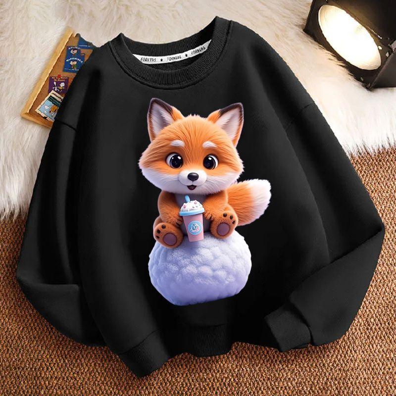 Cute Milk Tea Little Fox Round-neck Hoodie for Children, Fashionable Long-sleeved Casual Hoodie for Boys and Girls in Spring and Autumn