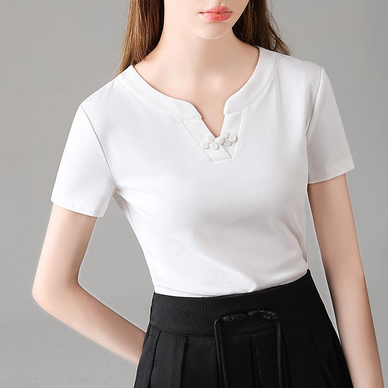 

Футболка с короткими рукавами, женская, новая, популярная, высококачественная, черная, хлопковая футболка, с пряжкой, новый китайский топ с V-образным вырезом 3XL белый