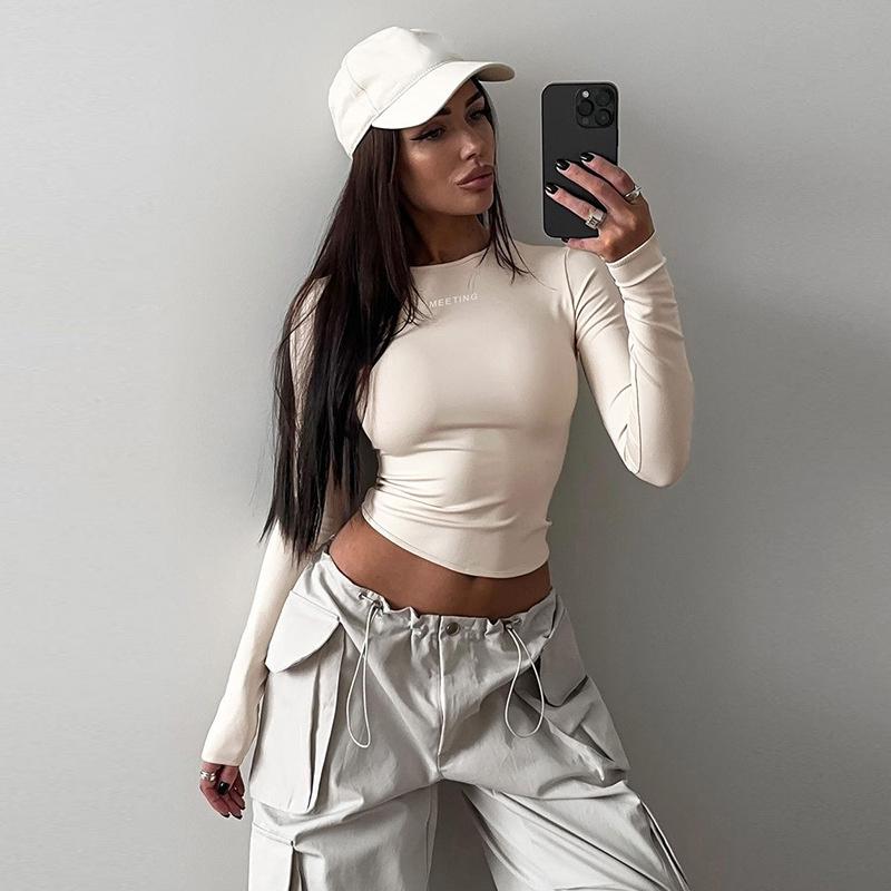 

Однотонні сорочки з літерами Жіночі елегантні вузькі круглі вирізи Універсальні жіночі топи з повними рукавами 2025 Весна-літо Мода Шикарний жіночий вуличний одяг L абрикосовий