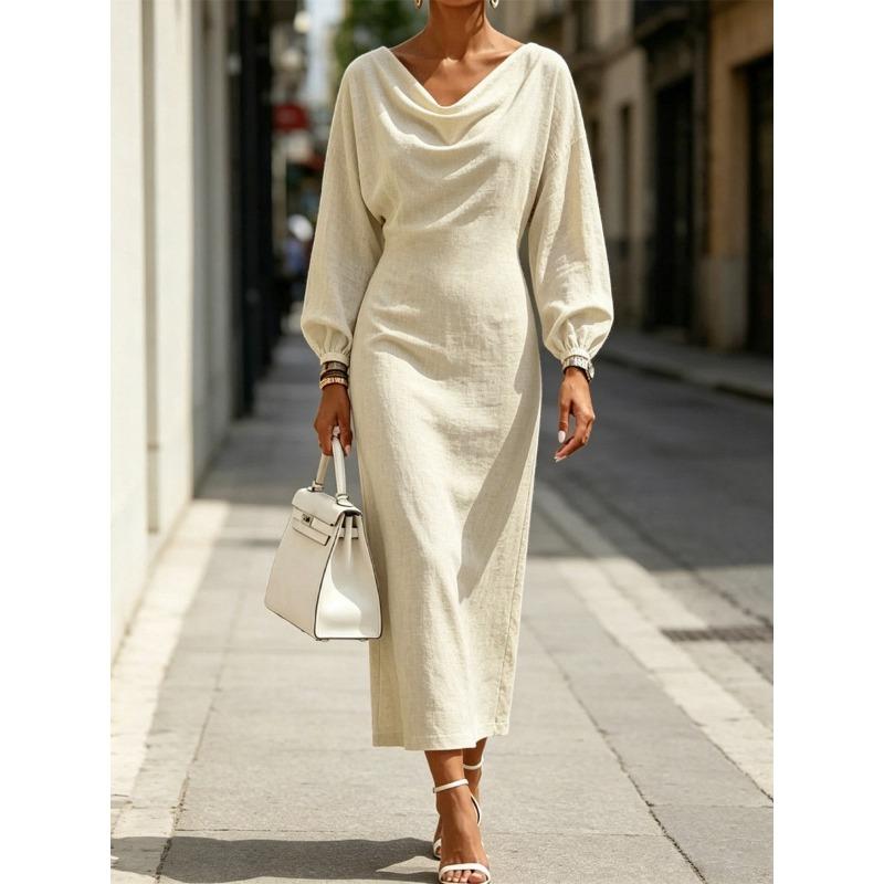 JPNTKY Fashion Summer Spring Solid Color Print Long Sleeve V-Neck Casual Dresses