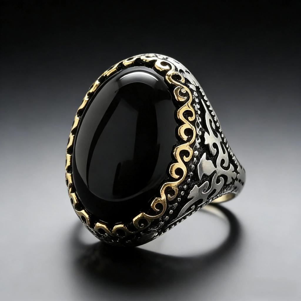 Vintage Men‘s Obsidian Signet Ring, 13x18mm Black Gemstone Set In Antiqued Silver, Masonic Style Bold Jewelry for Him