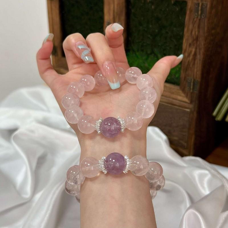 Handmade Lavender Amethyst Rose Quartz Bracelet Love Attraction Natural Crystal Beaded Jewelry