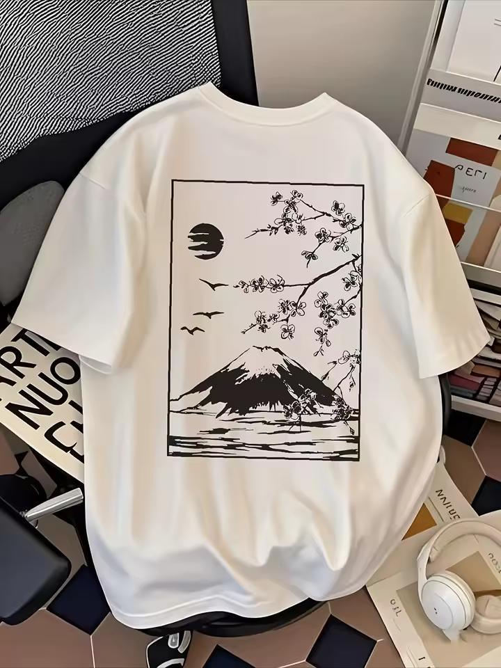 Mount Fuji Art T Shirt Men Women Short Sleeve Cherry Blossom Sunset Birds Landscape Print Crew Neck Cotton Daily Casual Tee