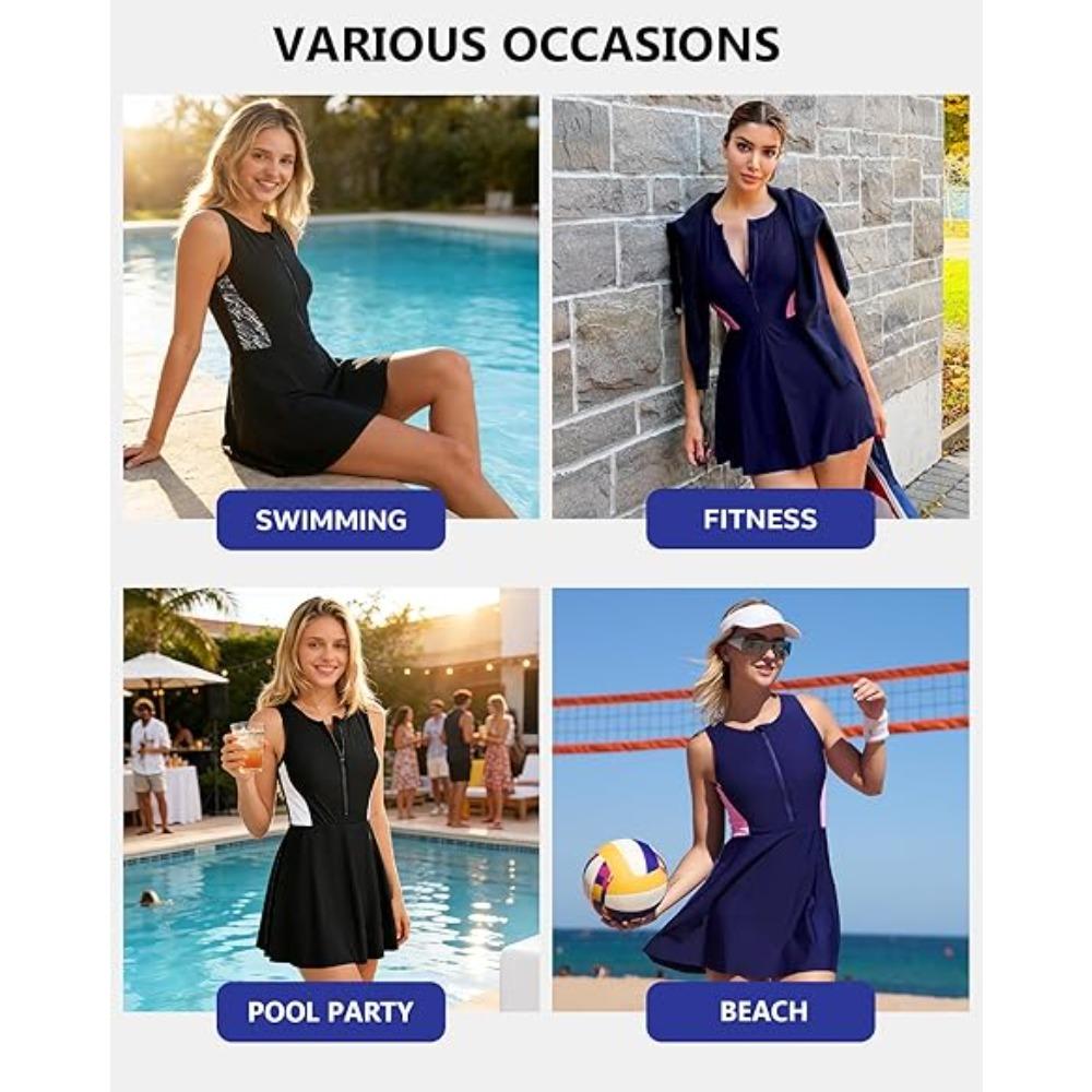 Charmleaks Womens One Piece Swim Dress Athletic Swimsuits Modest Bathing Suit Zip Up Swimdress