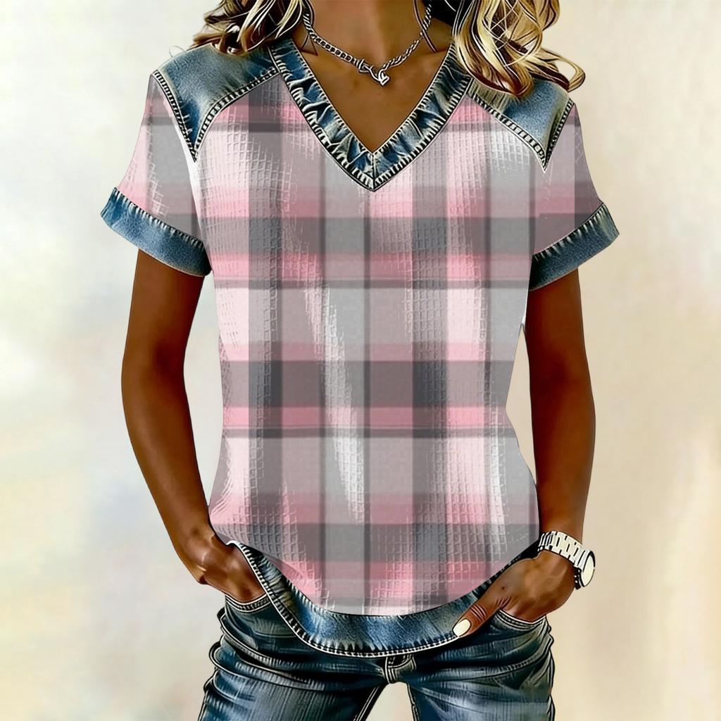 Women's Fashionable Casual Striped Checkered Printed Blouse
