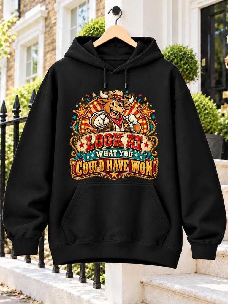 Look at W You Could Have Won Smiling Cartoon Bull Pointing Forward Carnival Lights And Golden Western Lettering Unisex Hoodie