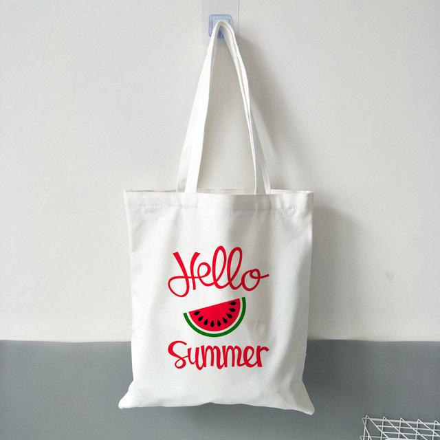 New Women's Casual Canvas Shopping Bag Hello Summer Watermelon Print Eco Tote Travel Bag Lady Handbag Reusable Large Capacity