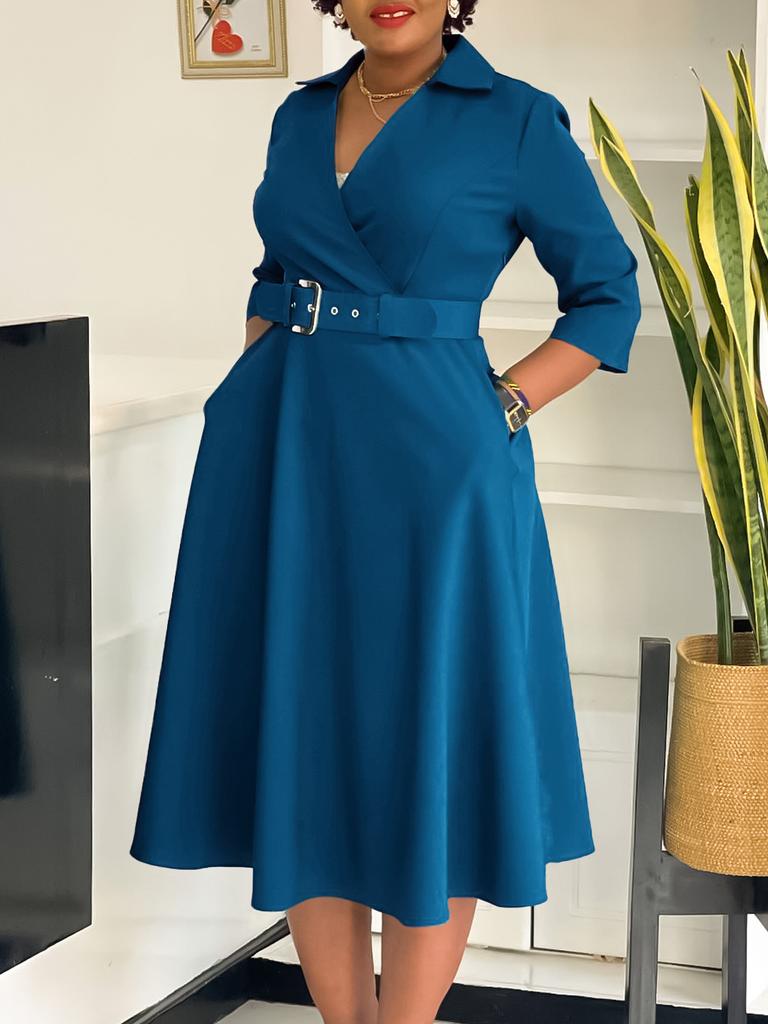 Large Size Women's Autumn New Lapel Fashion Temperament Solid Color Swing Skirt Dress