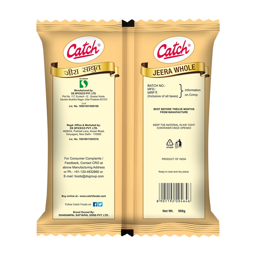 Catch Cumin Whole Jeera Seeds Premium Quality 500g Pack for Cooking, Spices, Curries, Vegetables, and Global Cuisine