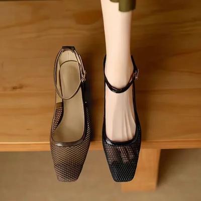 Damen-Netz-Temperament-Sandalen 35-41 Yards Neu Atmungsaktiv Quadratischer Absatz Schnalle Hohe Absätze Mode Party Tägliche Pendelschuhe