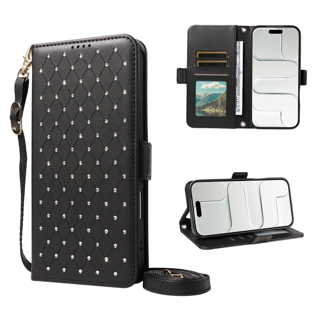 Crossbody Cards Solt Wallet Flip Leather Bling Phone Case for iPhone 17 Pro Max 16 Plus 15 14 13 12 11 Diamond Lanyard Bag Cover