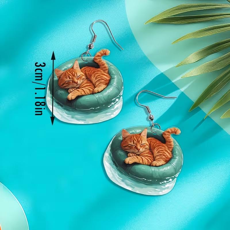 Cute Kitten Acrylic Earrings - 2D Flat Animal Design with Creative Cool Cat Swimming Ring