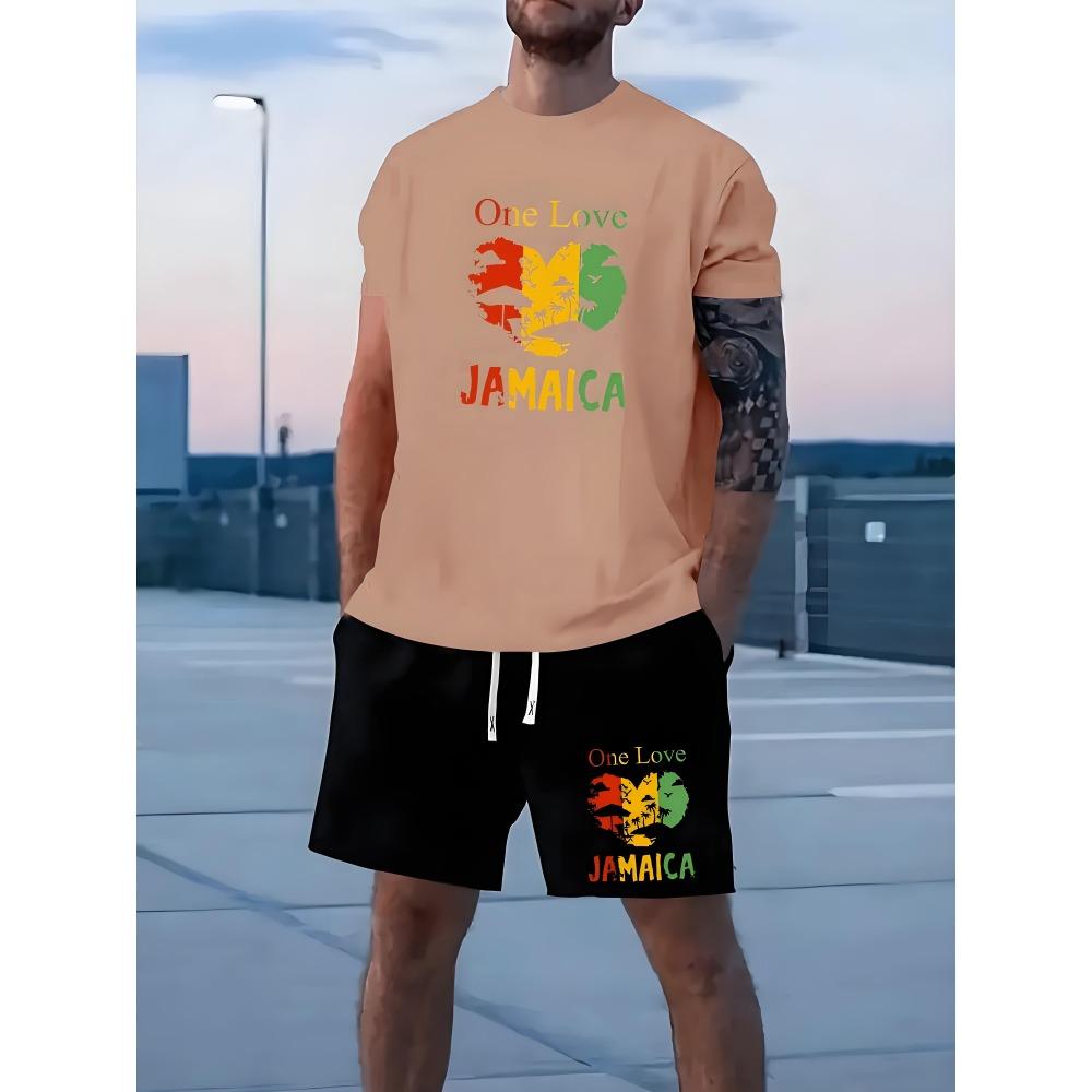 Fashion Colorful Love Graphic T-shirt Shorts Set Summer Sports Short Sleeve Shorts 2-piece Set Men's Quick Dry Sportswear Suit