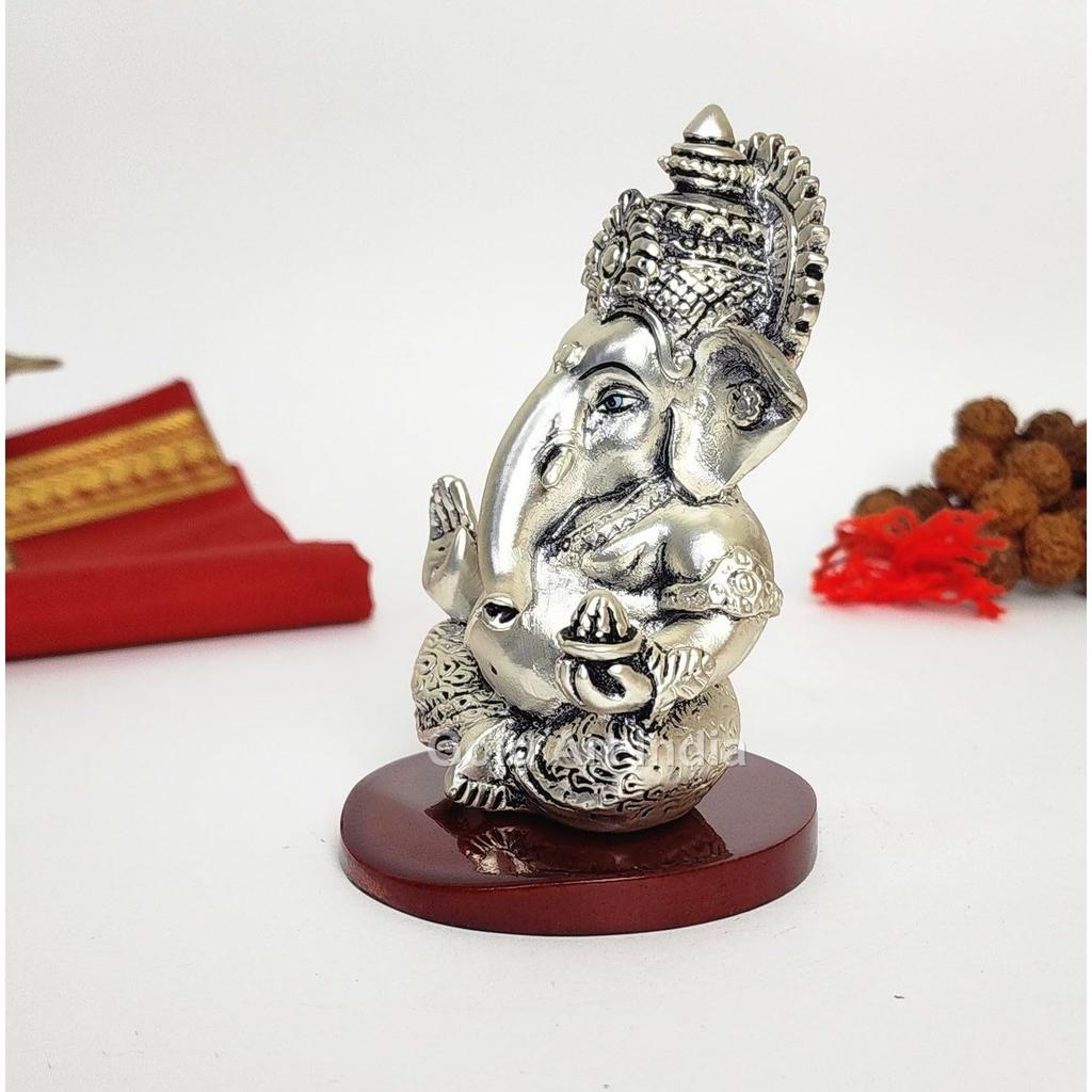 Ganpati Idol with Silver Antique Finish | Ganesha murti for Home Decor | Ganesh Statue for Car Dashboard | Ganpati ji murti for Puja