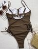 Damen Badeanzüge Sexy Braun Hohl Kordelzug Seitlich Gebunden Einteilige Badeanzüge Bikini Set Strandbekleidung Badeanzüge
