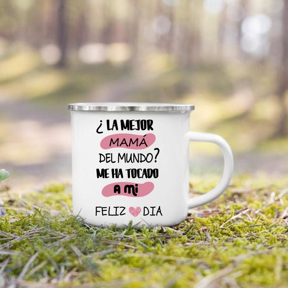 Creative Coffee Cups Best Mom In The Word Spanish Print Mug Camping Handle Mugs Handle Enamel Cup Festive Birthday Gifts for Mom