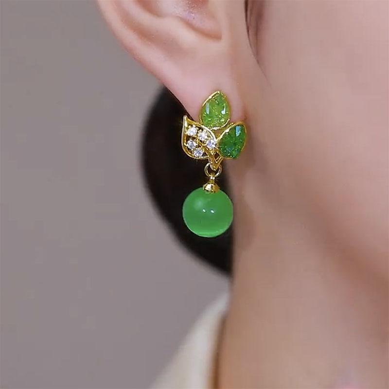 Silver Needle Diamond Glass Hollow Leaf Earrings Low-key Light Luxury High-end Earrings Fashion Retro Temperament Earrings Women