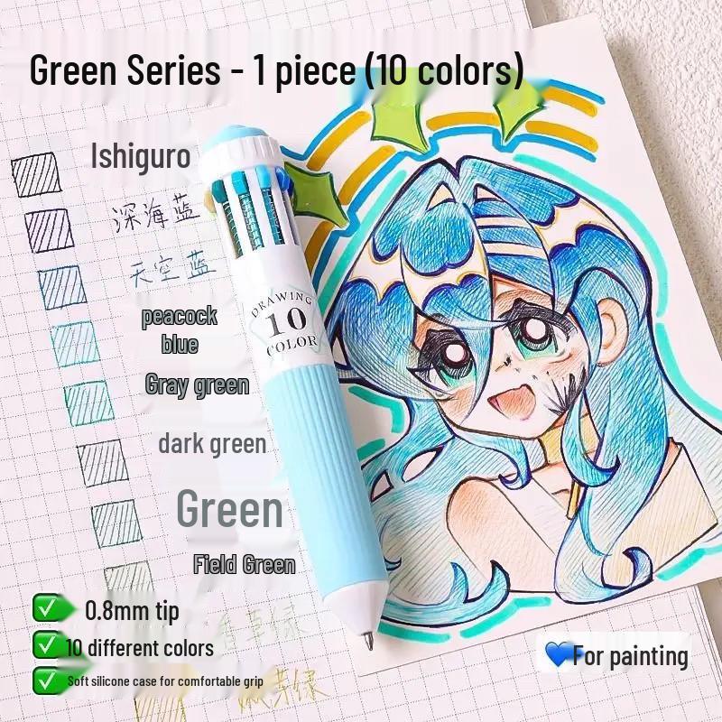 Blue Fruit 10-Color Quick-Dry Ballpoint Pen Set - Creative Multi-Functional Drawing Markers