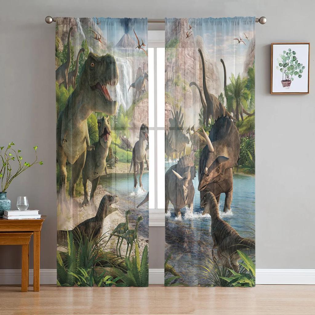 Animal Green Dinosaur Plant Sheer Curtains for Bedroom Living Room Decoration Window Curtain Kitchen Tulle Voile Organza Drapes