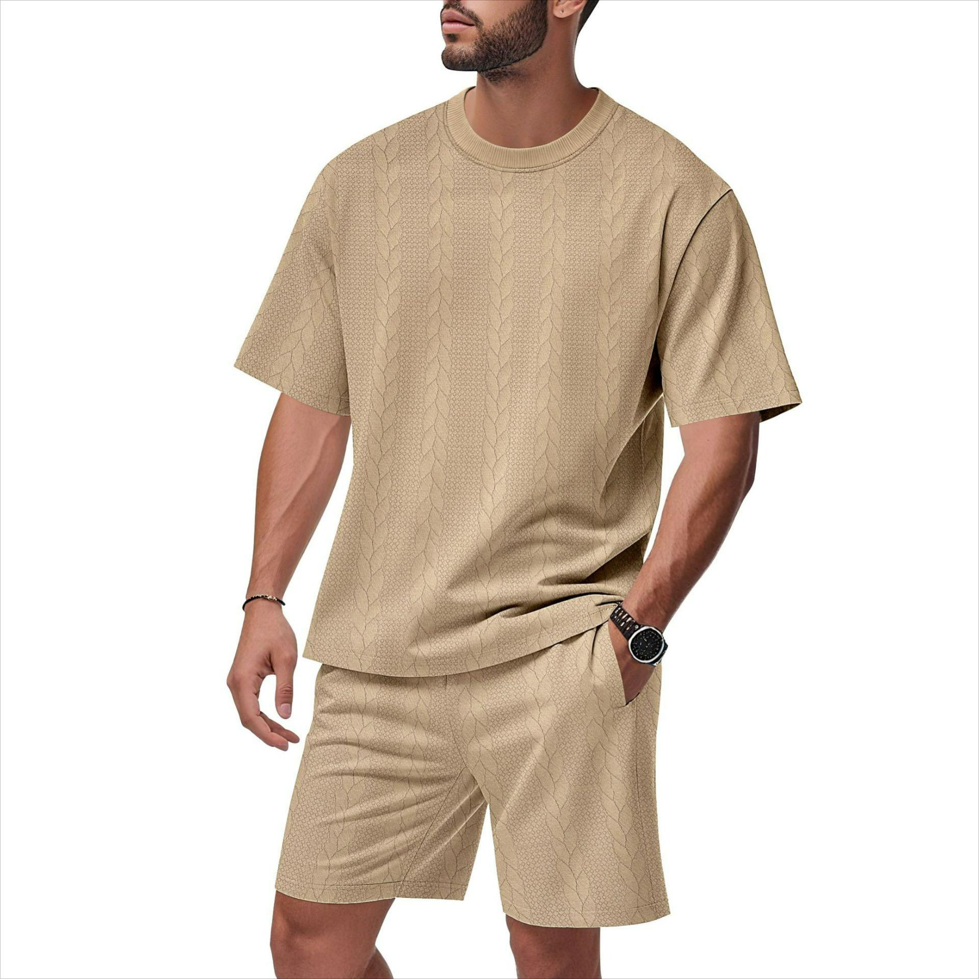

Men s Summer Jacquard Suit, Round Neck, Short-sleeved Shorts, Casual Two-piece Suit 3XL хакі