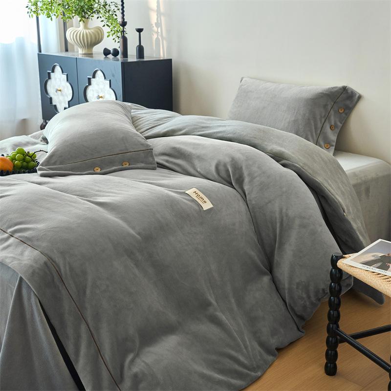 Thickened Milk Fleece Four-Piece Set, Button Coral Fleece Quilt Cover, Bed Three-Piece Set, Fleece Sheet Quilt Cover