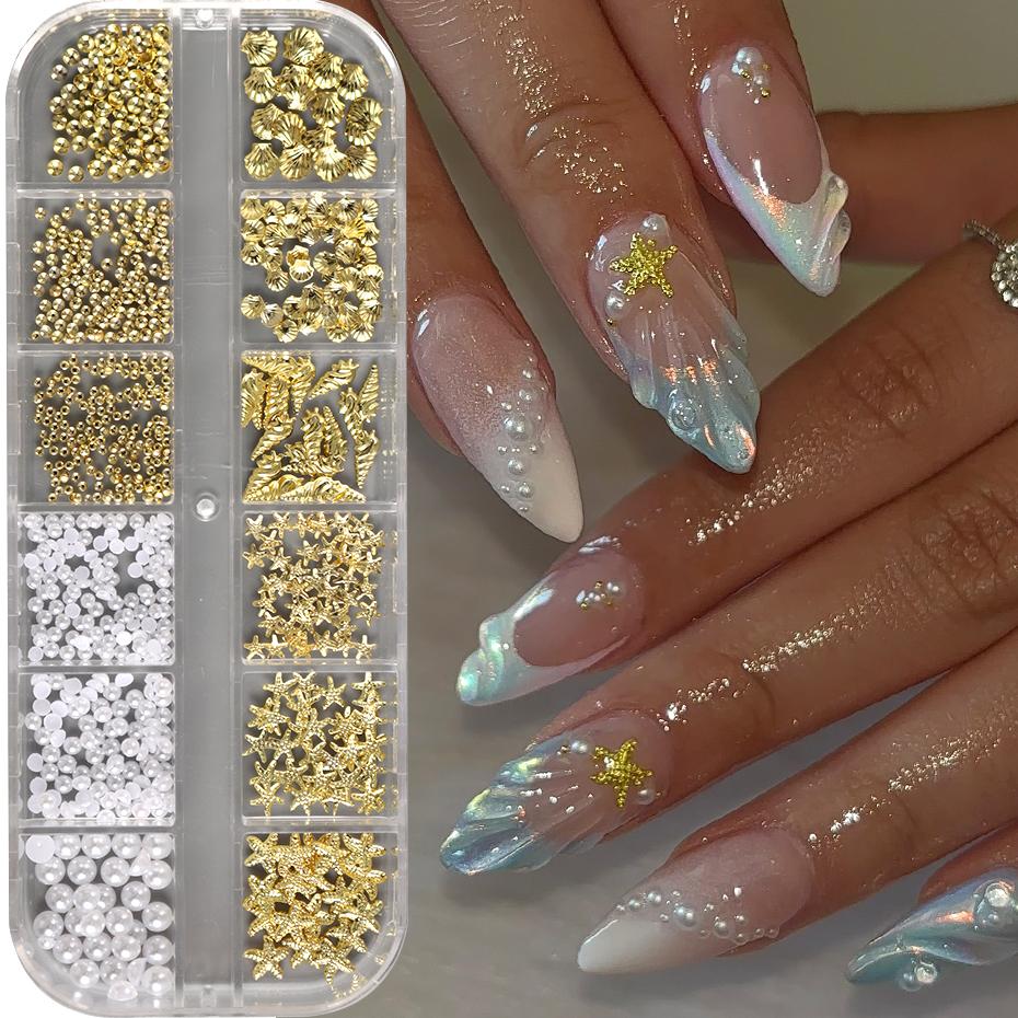 3D Golden Starfish Seashell Nail Art Charms Conch Metal Studs Pearls Caviar Beads Summer Manicure Studs Nail Art Decorations