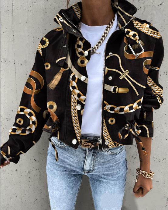 Cross-border foreign trade 2025 Amazon autumn and winter new women's clothing button zipper polo collar printed short casual coat