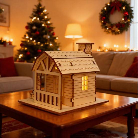 Wooden LED Lighted House Ornament Handcrafted Glowing Christmas House Decoration Xmas Holiday Party Desktop Decor